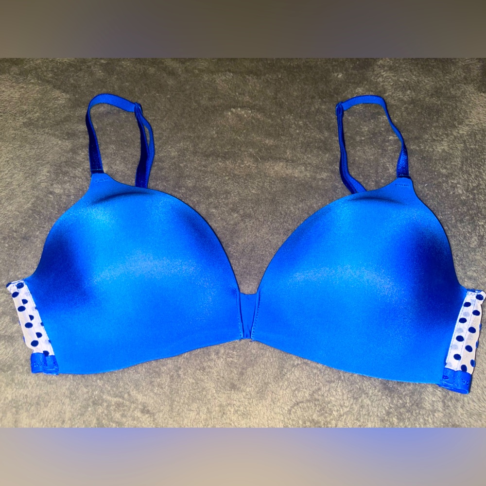 Victoria’s Secret PINK 34C wireless blue bra with polka dot transparent back